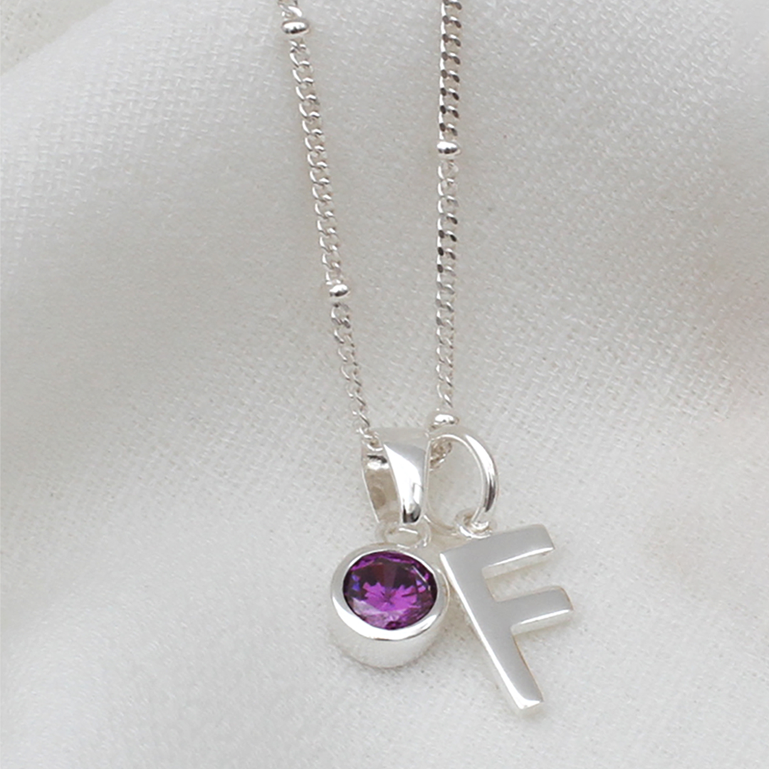 Sterling Silver Initial and Birthstone Charm Necklace