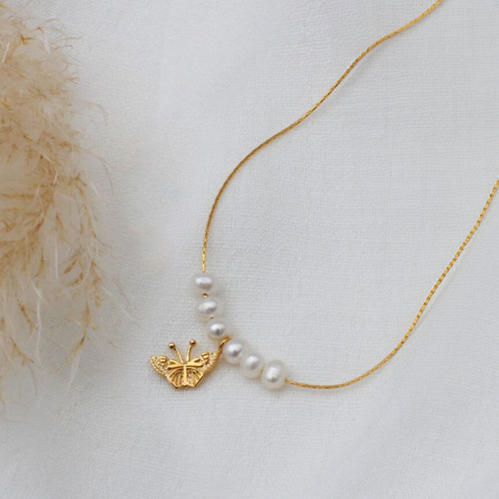 Gold Plated Pearl & Butterfly Necklace