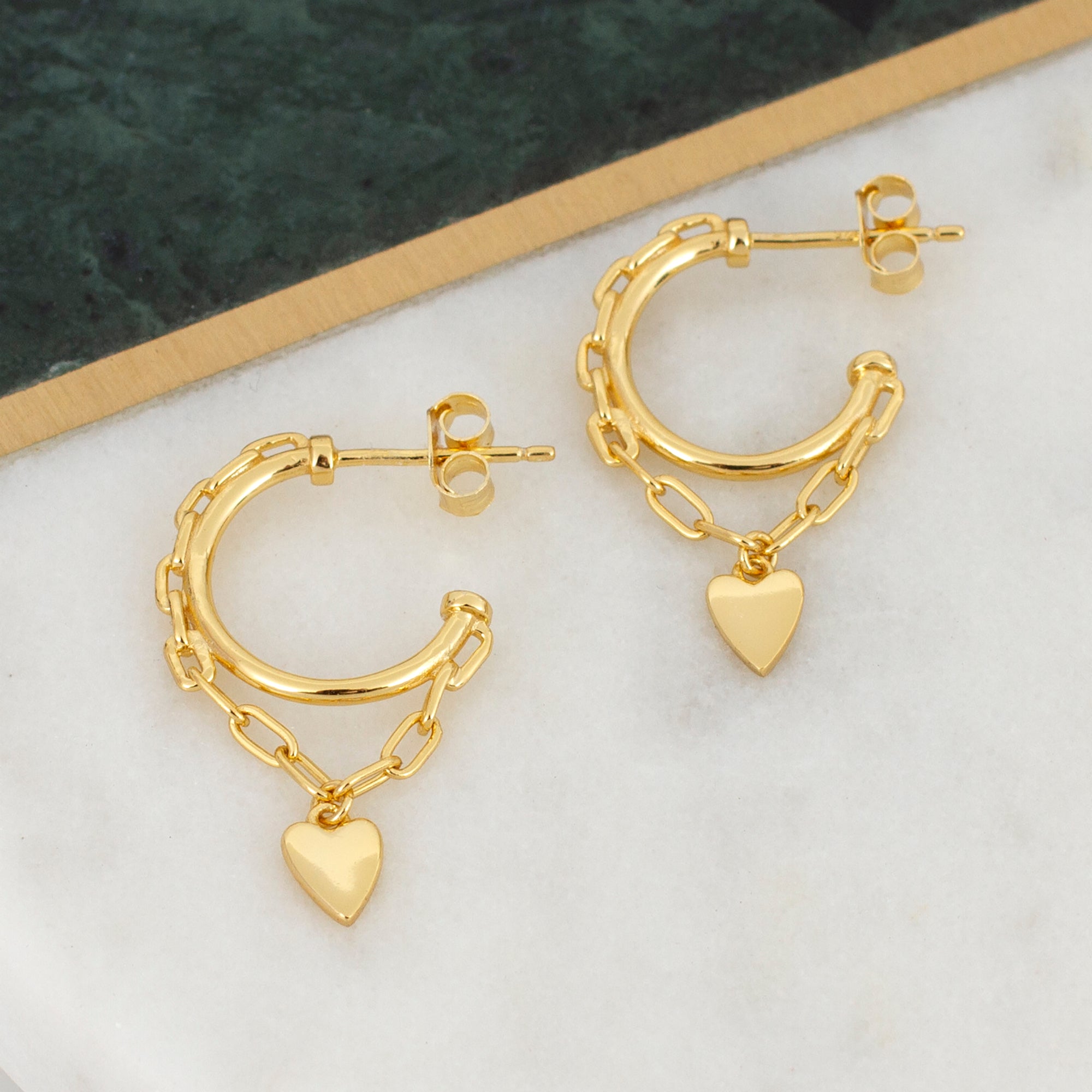 18ct Gold Plated Hoop With Heart Charm Chain Earrings