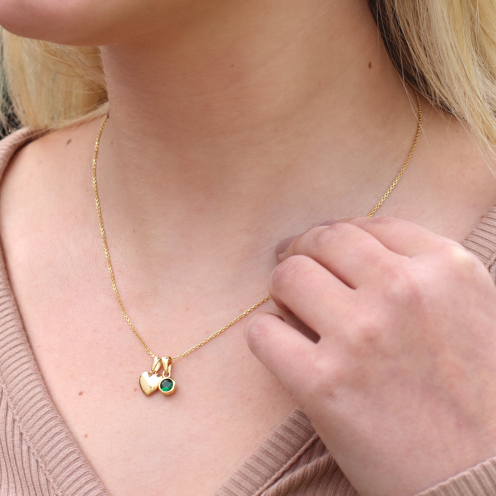 18ct Gold or Silver Birthstone & Heart Charm Necklace