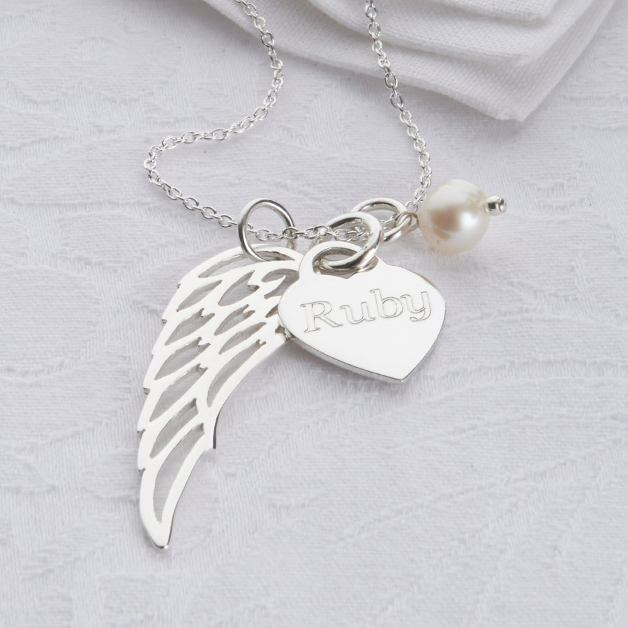 Personalised Sterling Silver Angel Wing Heart Necklace