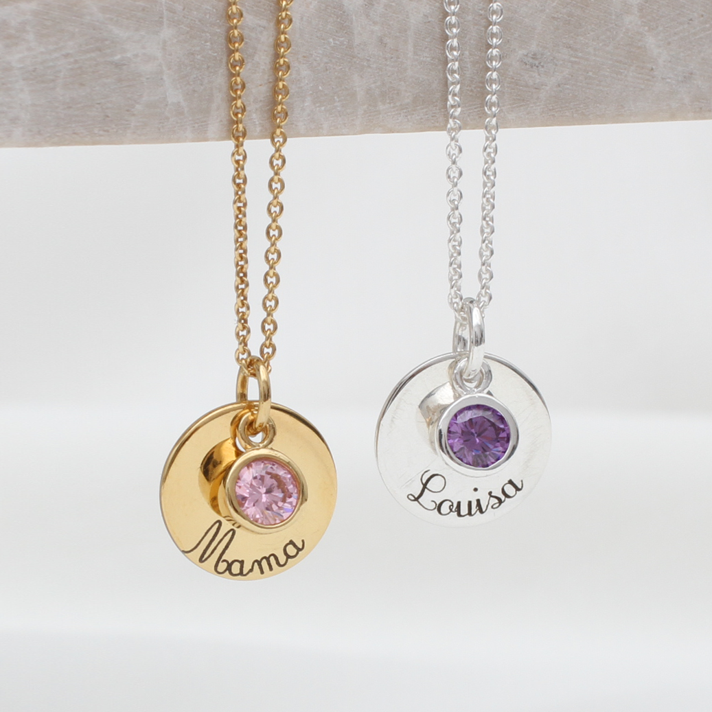 Personalised 18ct Gold Plated or Sterling Silver Birthstone Script Necklace