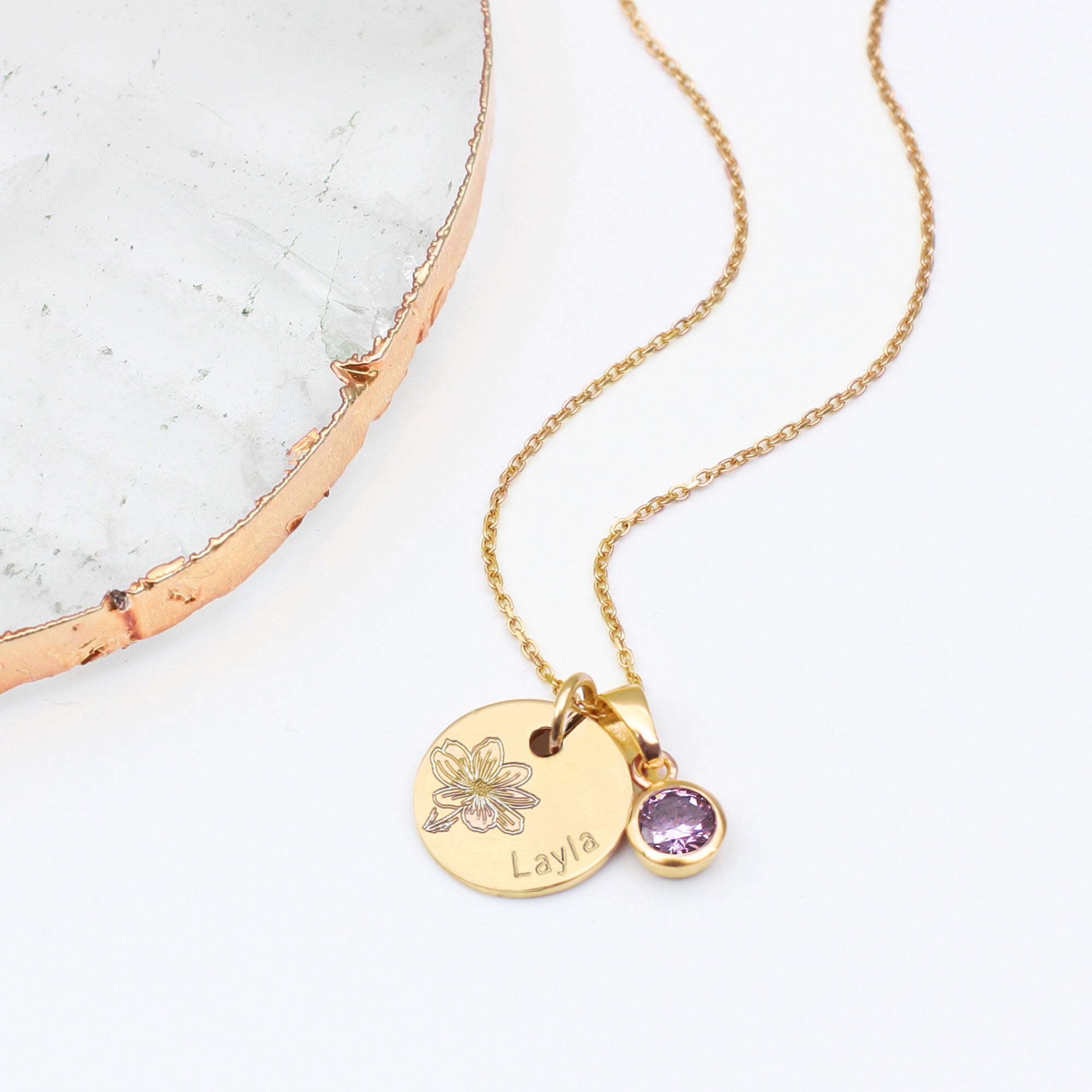 Personalised Silver or 18ct Gold Plated Birthstone & Flower Necklace