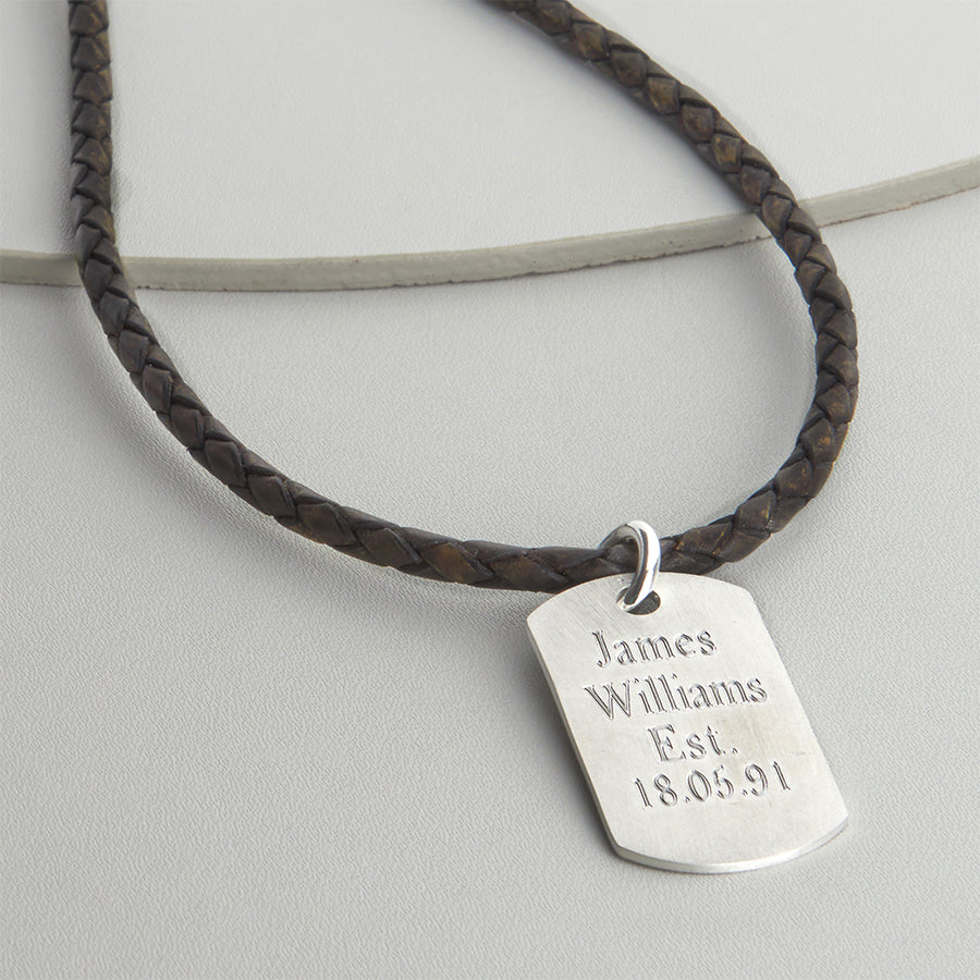 Woven Leather And Brushed Sterling Silver Dog Tag Necklace