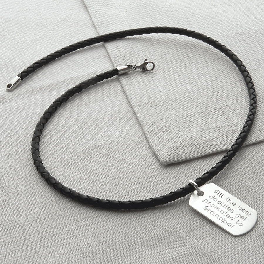 Woven Leather And Brushed Sterling Silver Dog Tag Necklace