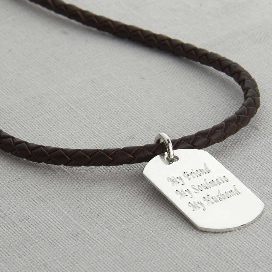 Men's Woven Leather And Polished Silver Dog Tag Necklace