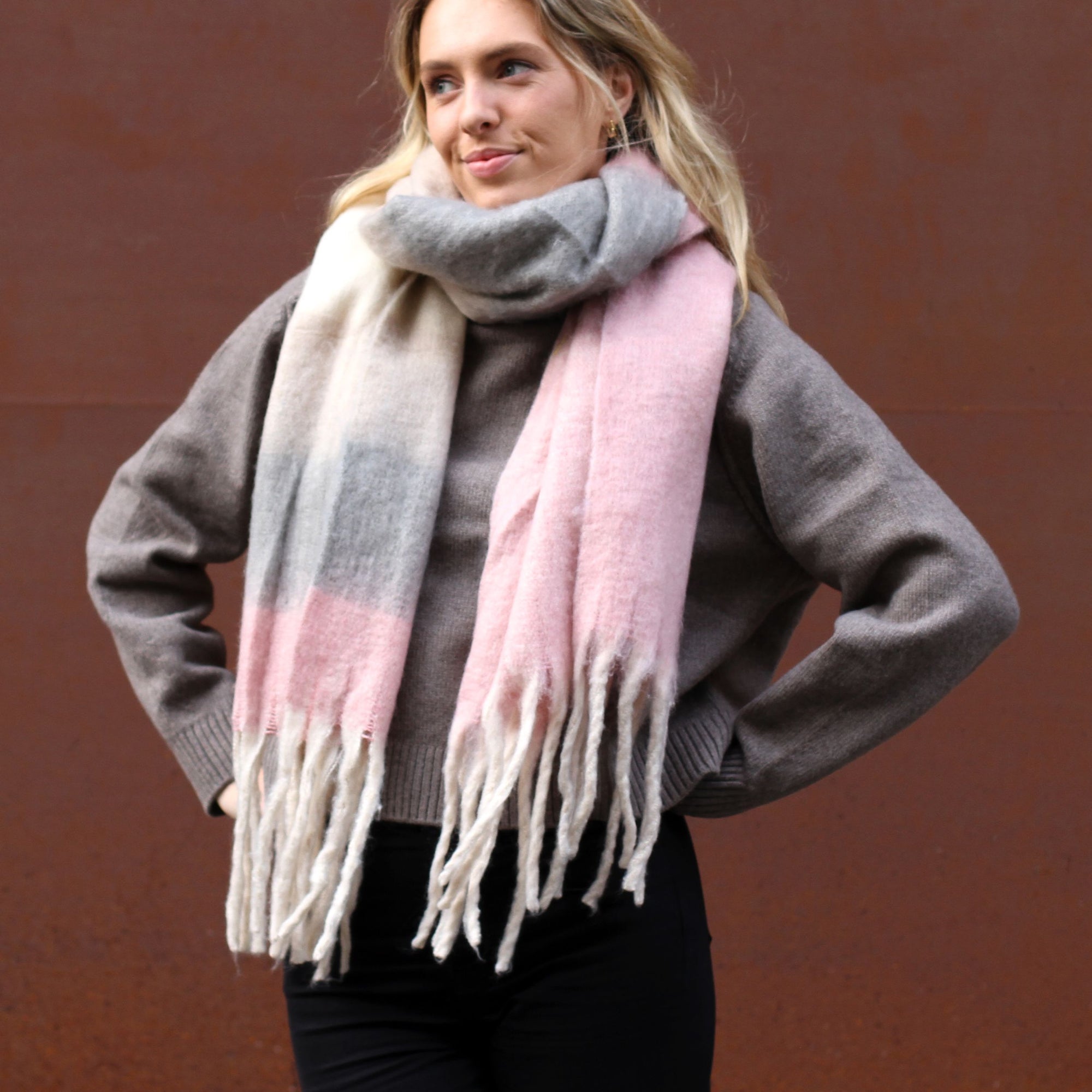 Dusty Pink & Grey Colour Block Heavyweight Scarf