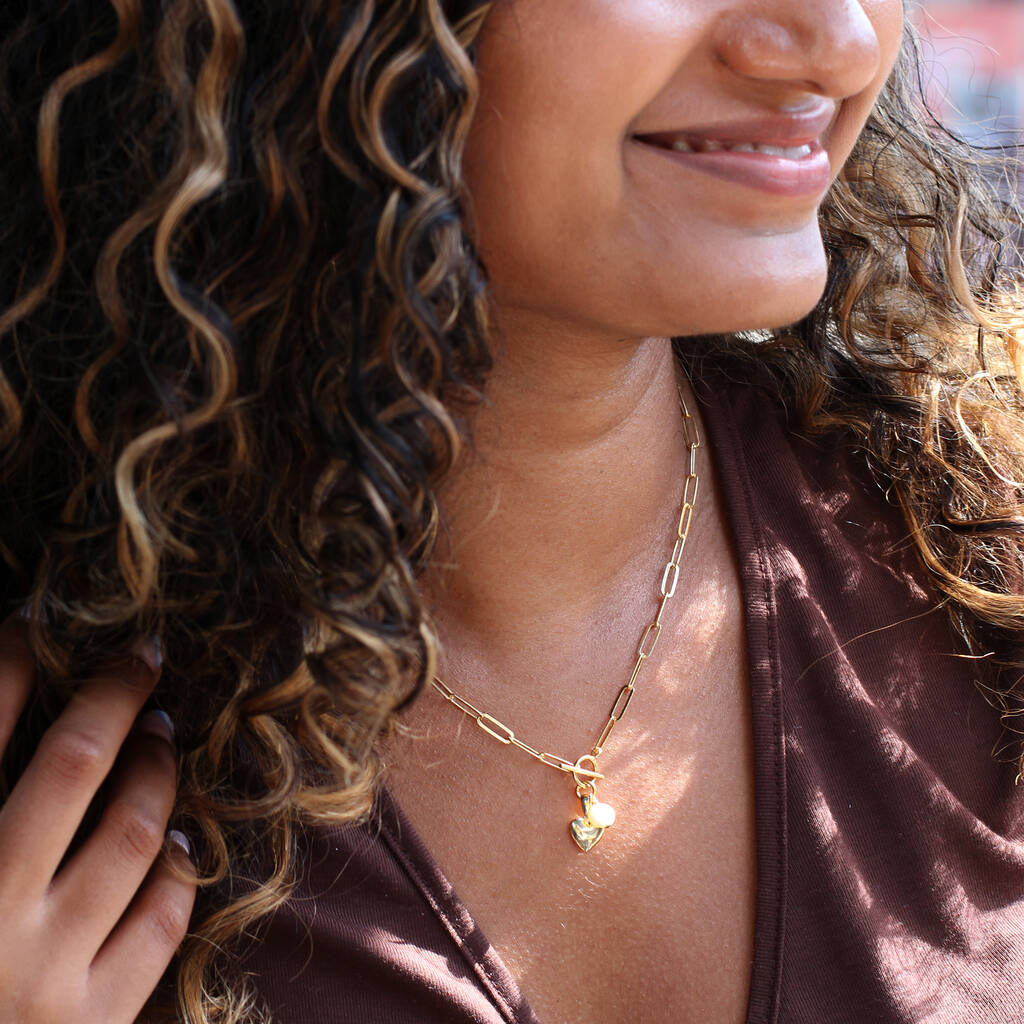 18ct Gold Plated or Sterling Silver T Bar Necklace with Heart Charm & Pearl