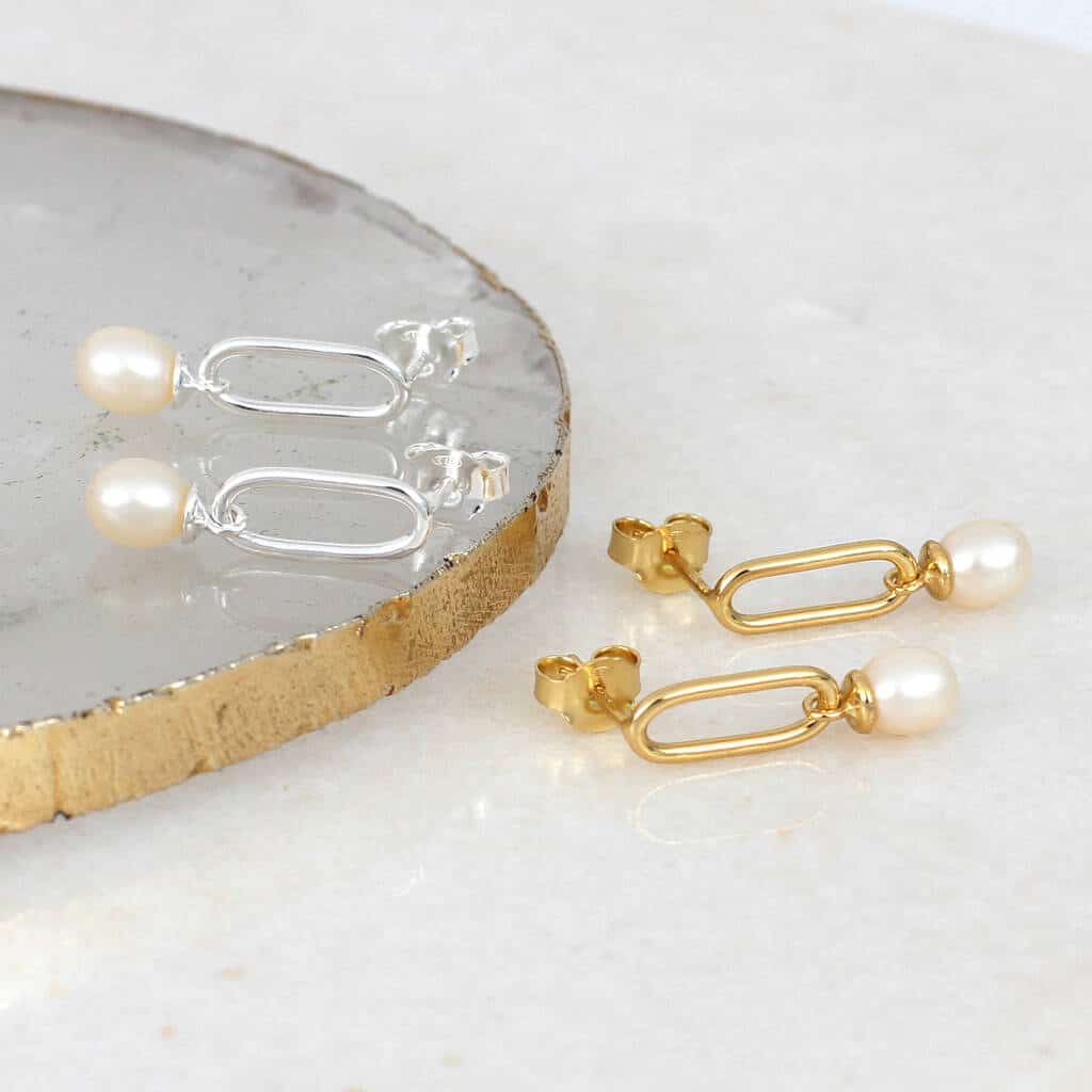 18ct Gold Plated Or Silver Chain Link Pearl Earrings