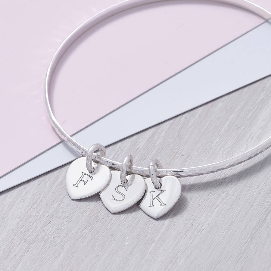 Personalised Silver Initial Heart Charm Bangle