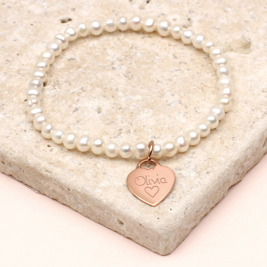 Girl's Personalised 18ct Rose Gold Plated Charm Pearl Bracelet