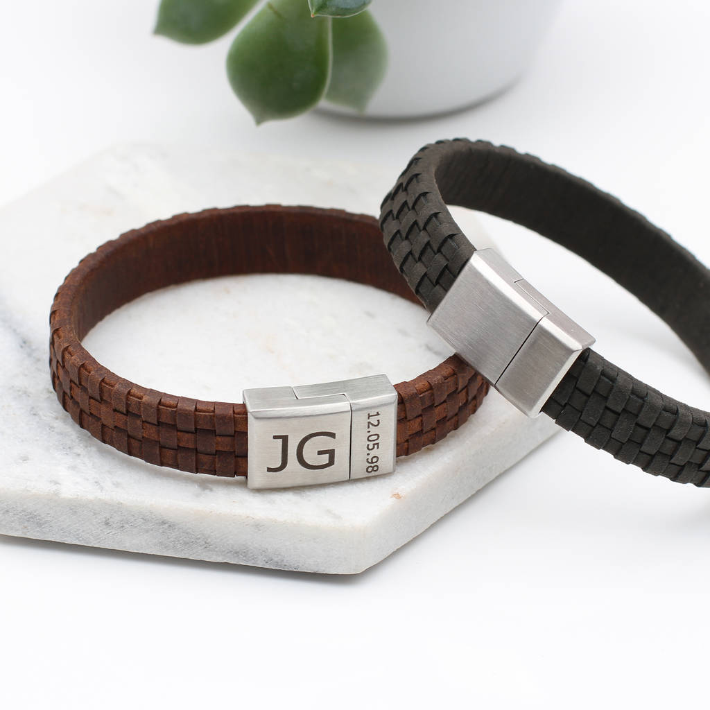 Men's Personalised Date And Initial Leather Bracelet