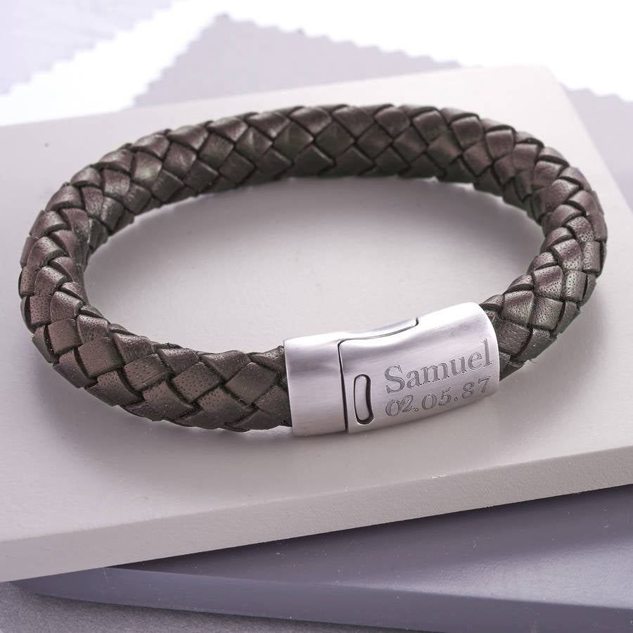 Men's Personalised Leather And Steel Clasp Bracelet