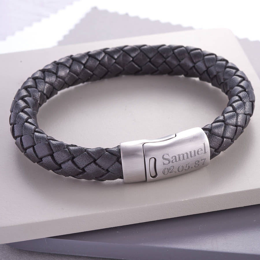 Men's Personalised Leather And Steel Clasp Bracelet