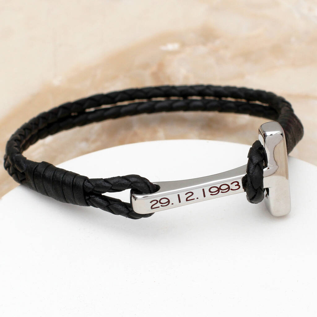 Mens Personalised T Bar Leather Bracelet