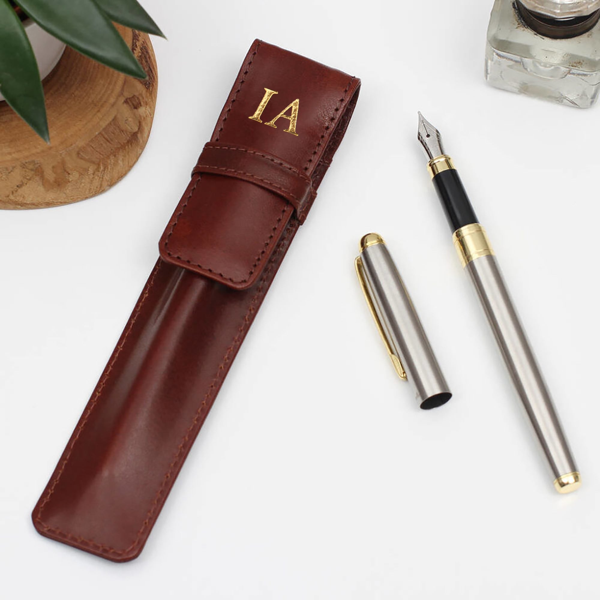 Personalised Antiqued Leather Pen Holder And Pen