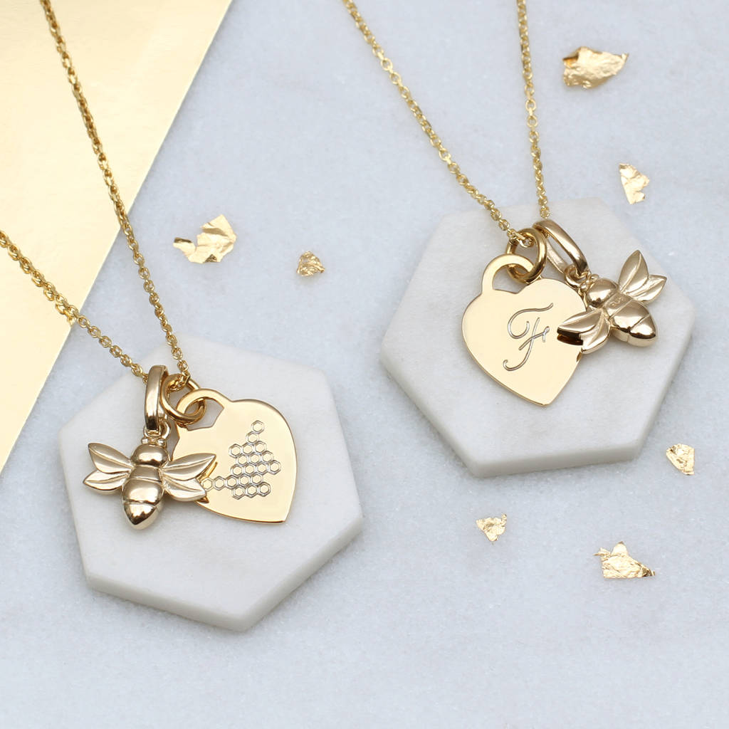 Personalised Sterling Silver or 18ct Gold Plated Bee And Honeycomb Heart Necklace