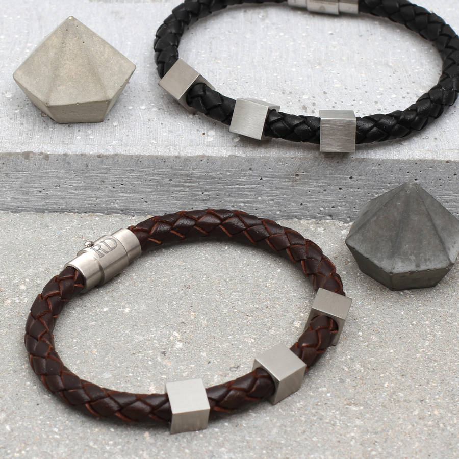 Personalised Leather And Steel Cube Bracelet