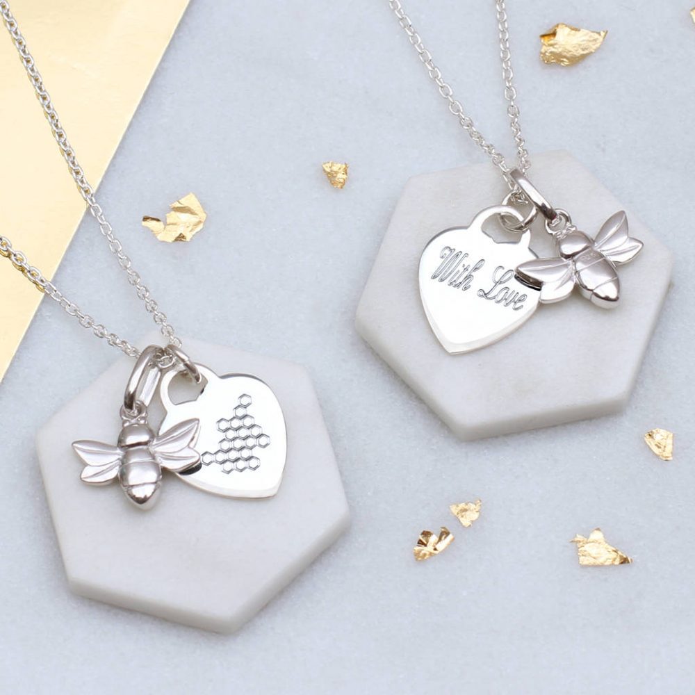 Personalised Sterling Silver or 18ct Gold Plated Bee And Honeycomb Heart Necklace