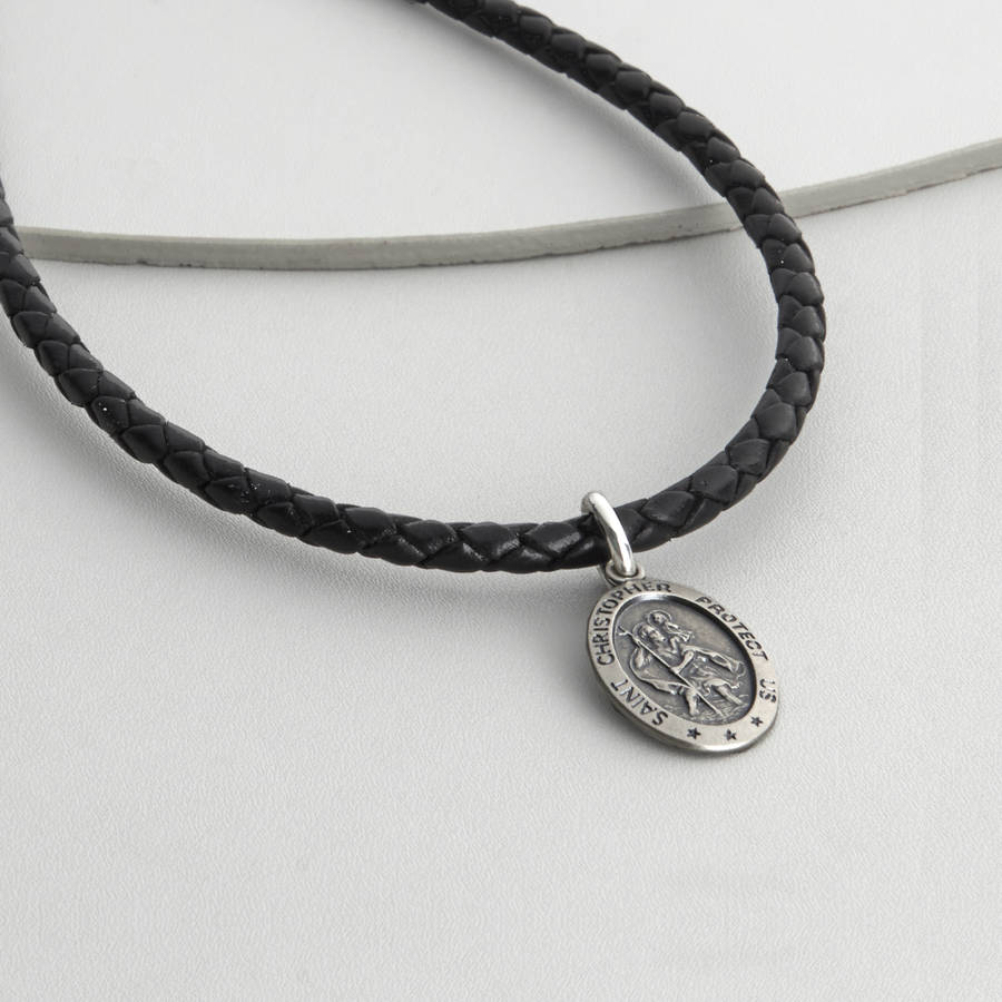Personalised Silver St Christopher Woven Leather Necklet