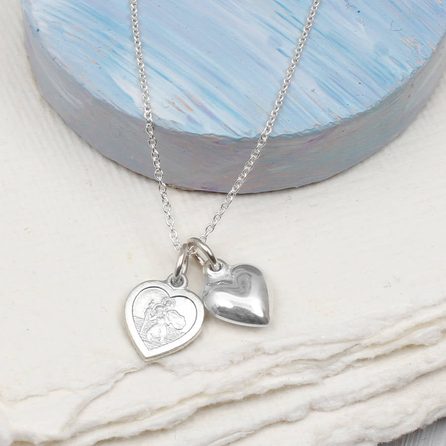Silver St Christopher & Puffed Heart Charm Necklace