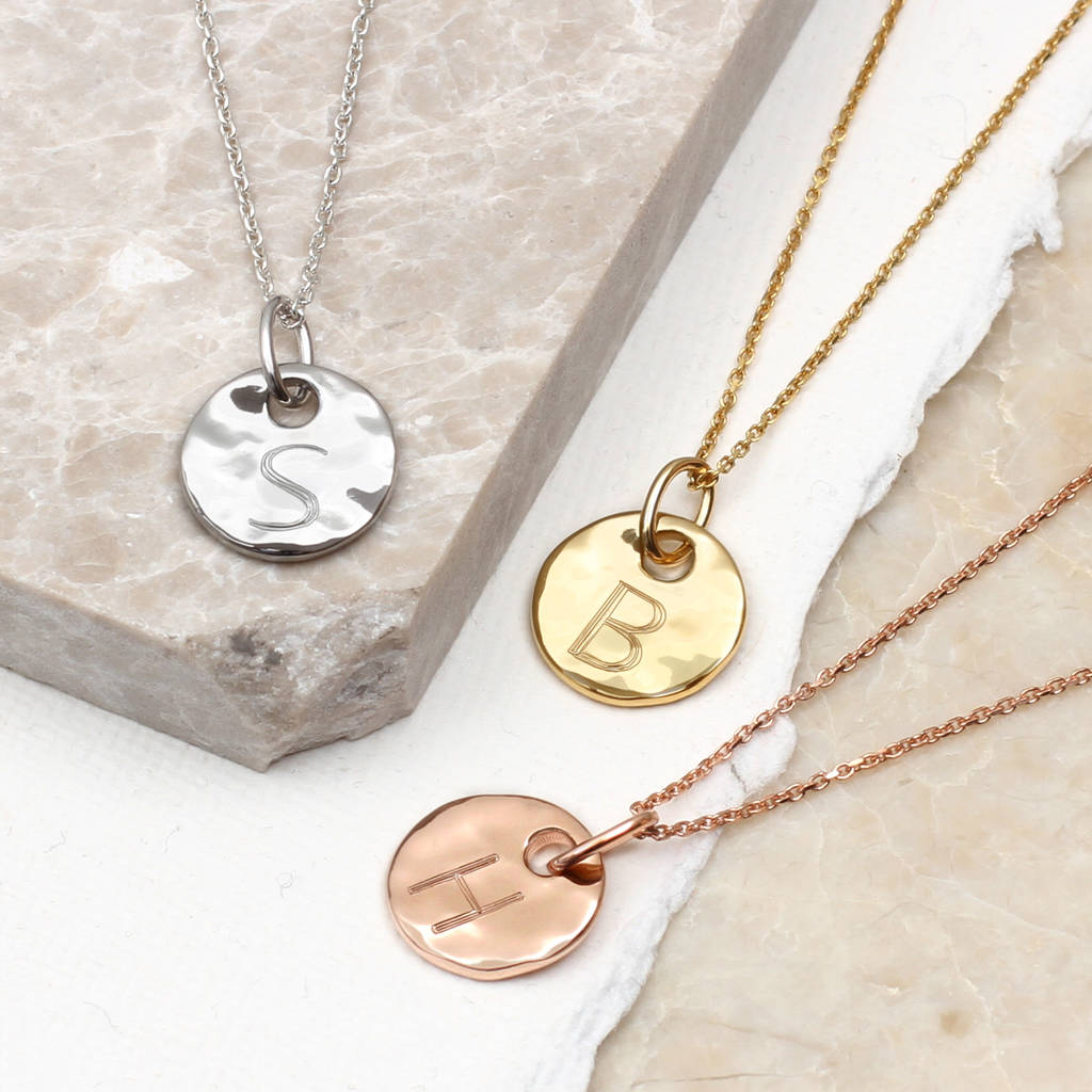 18ct Rose Gold Personalised Hammered Initial Disc Necklace