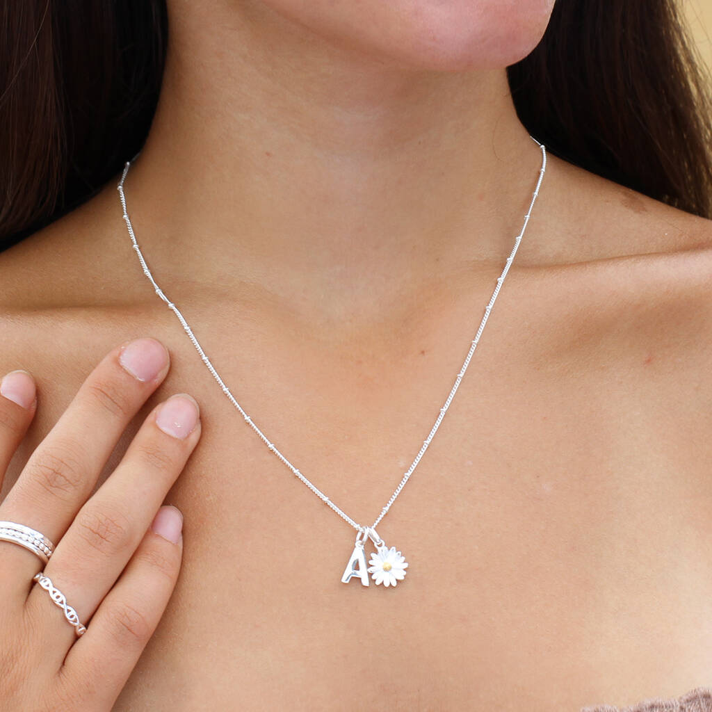 Sterling Silver Daisy & Initial Necklace