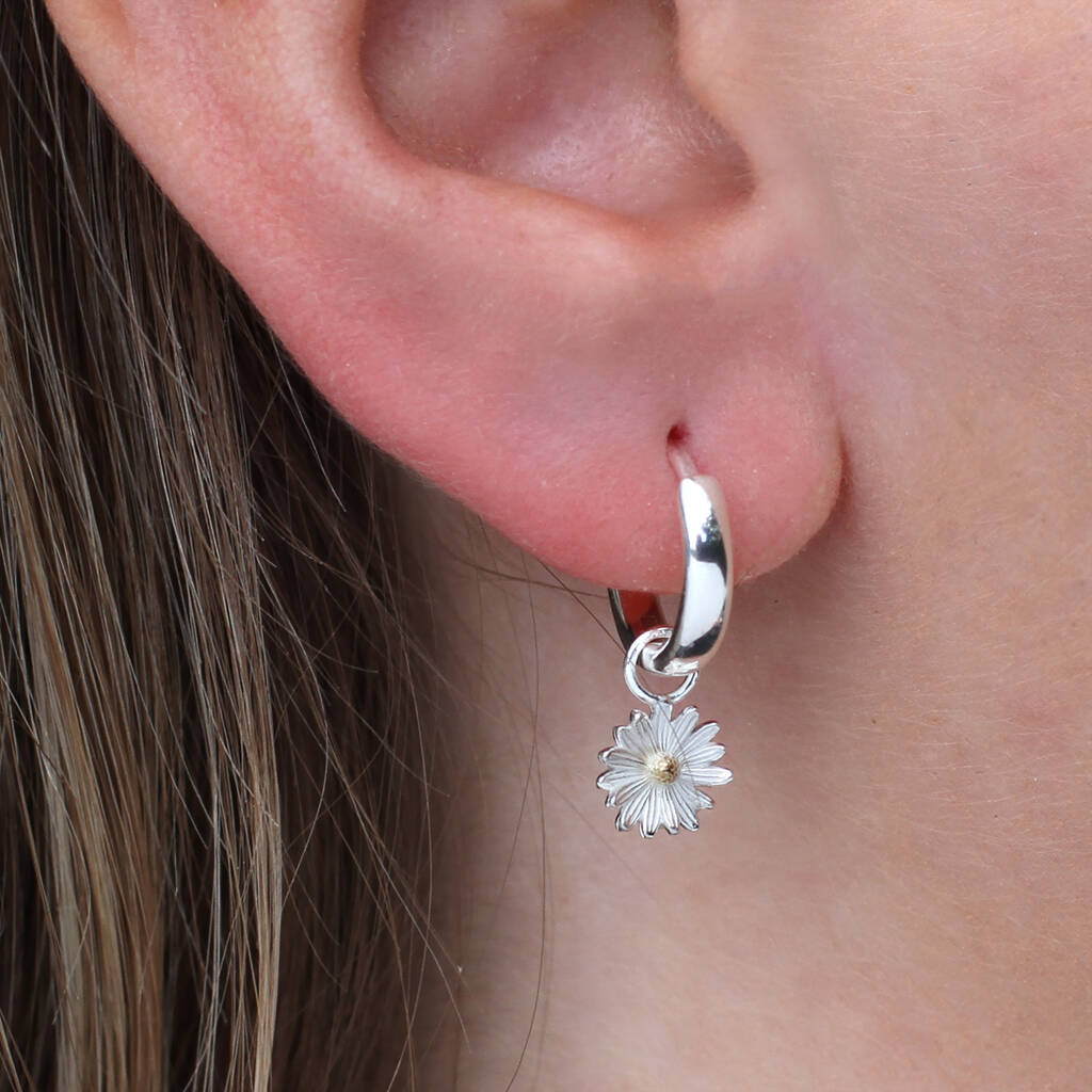 Sterling Silver Daisy Charm Huggie Hoop Earrings
