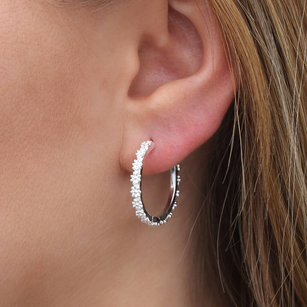 Sterling Silver or Gold Plated Daisy Hoop Earrings