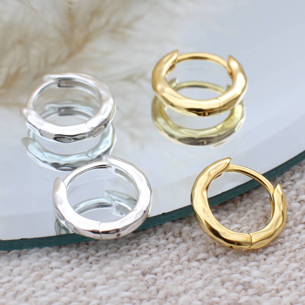 Sterling Silver or Gold Plated Hammered Huggie Hoop Earrings