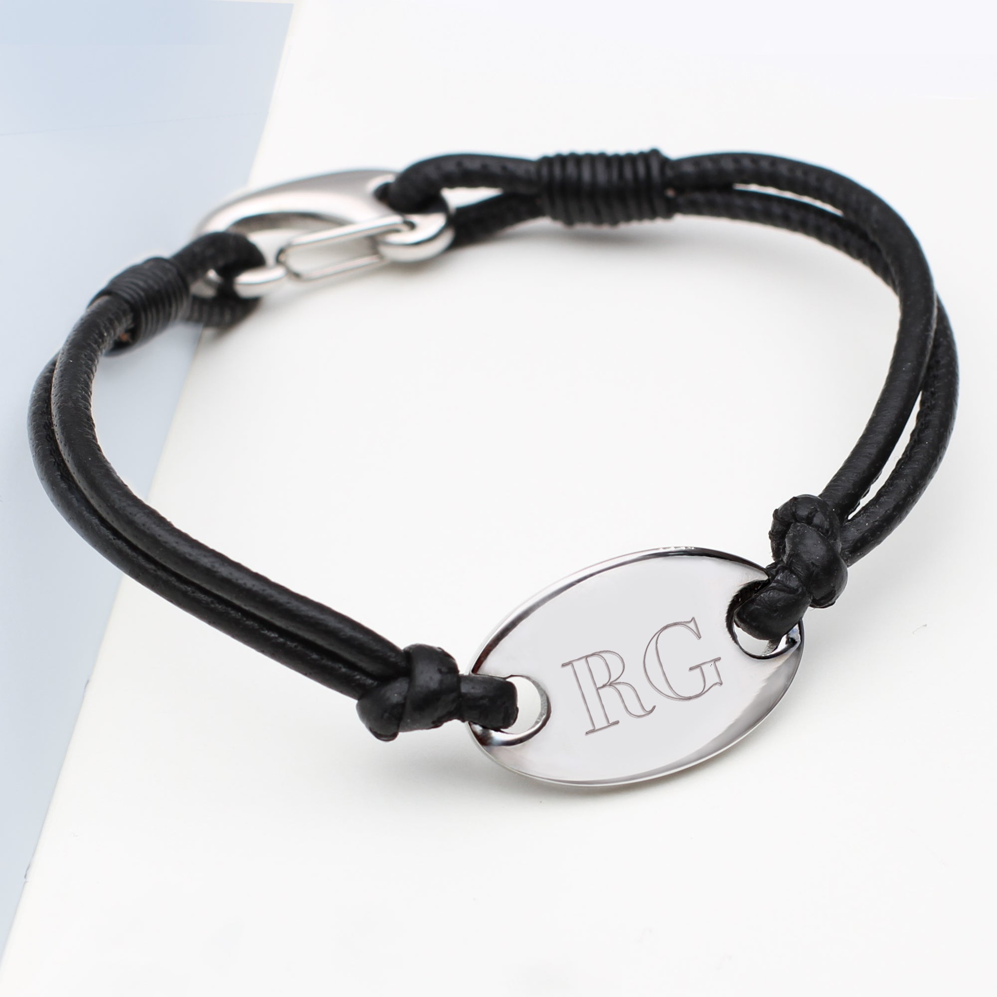 Men's Personalised Leather Oval Identity Bracelet