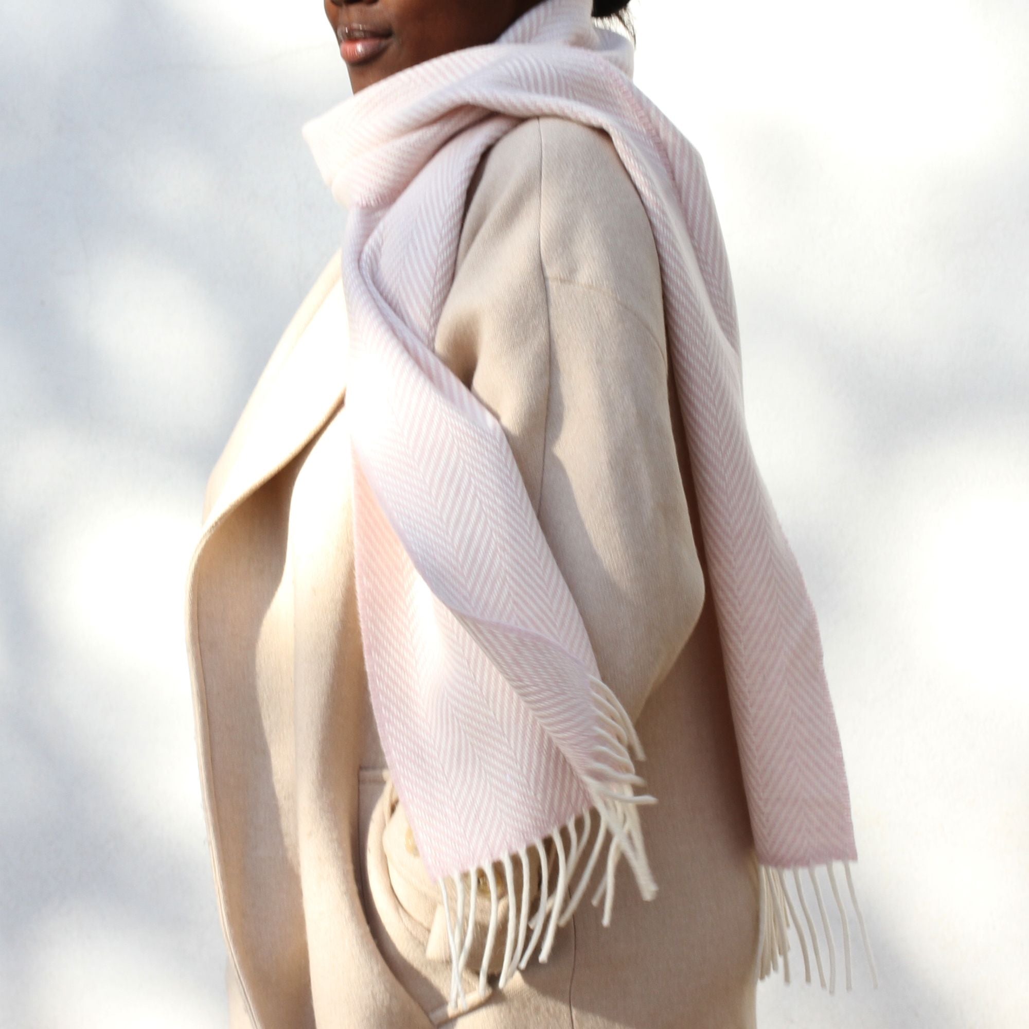 Soft Pink And White Cashmere Blend Herringbone Scarf