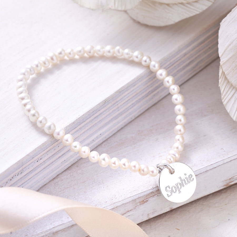 Girl's Personalised Silver Heart Charm Pearl Bracelet