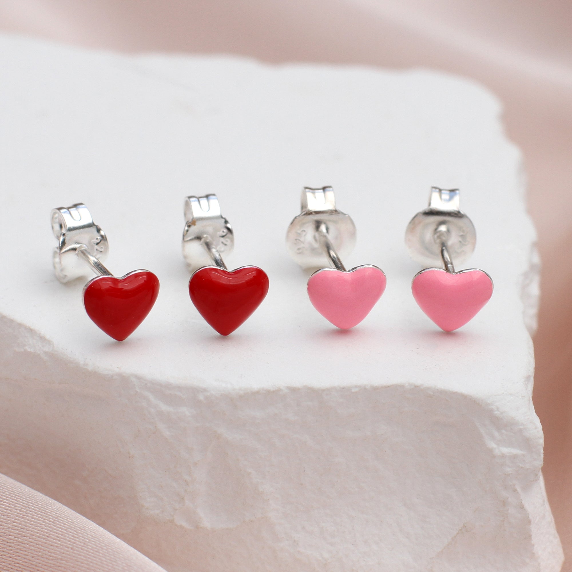 Sterling Silver Red And Pink Enamel Heart Stud Earrings