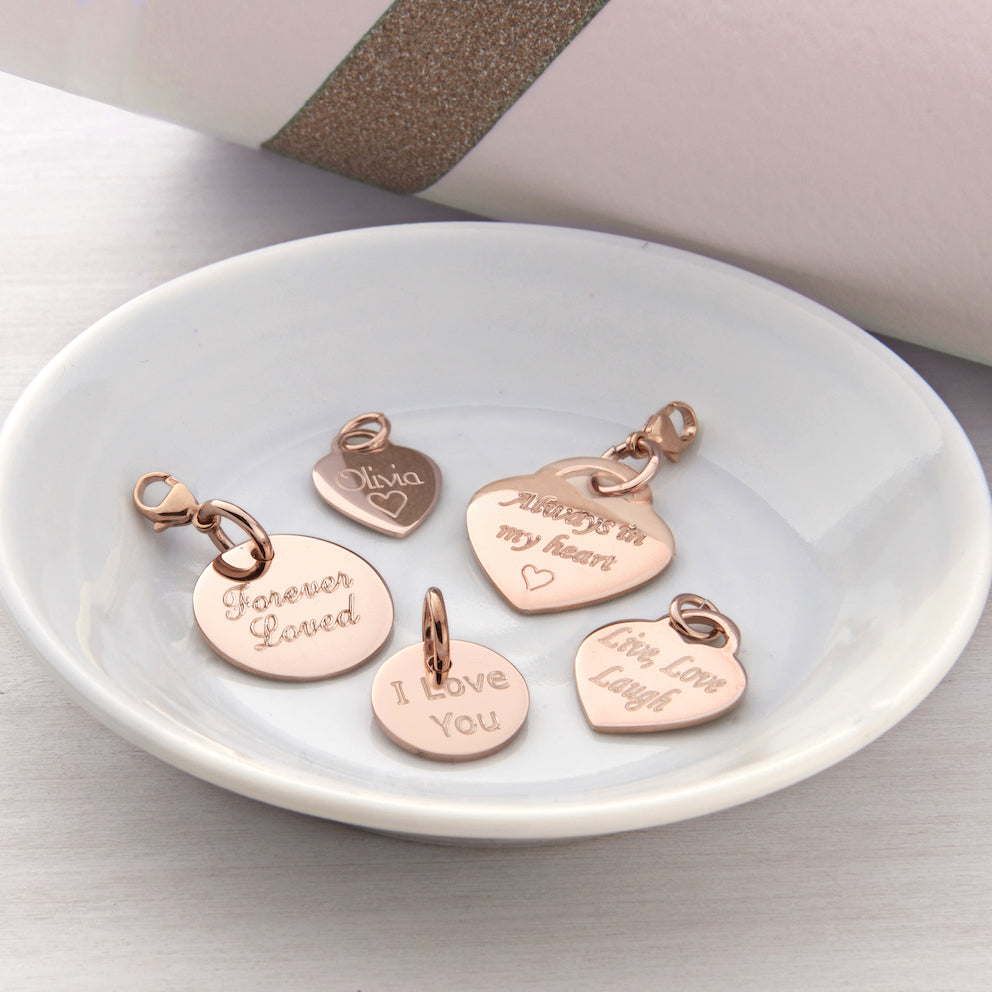 Personalised 18ct Rose Gold Plated Heart And Disc Charms