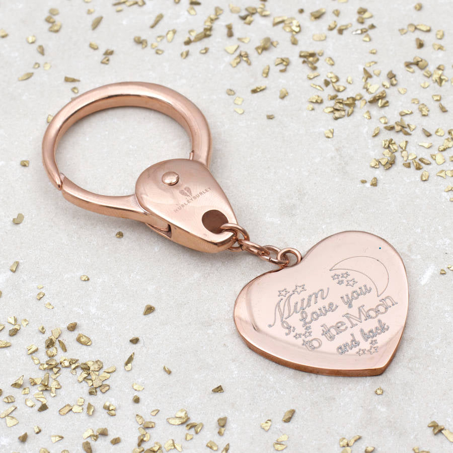 Rose Gold Personalised Moon And Back Love Heart Keyring
