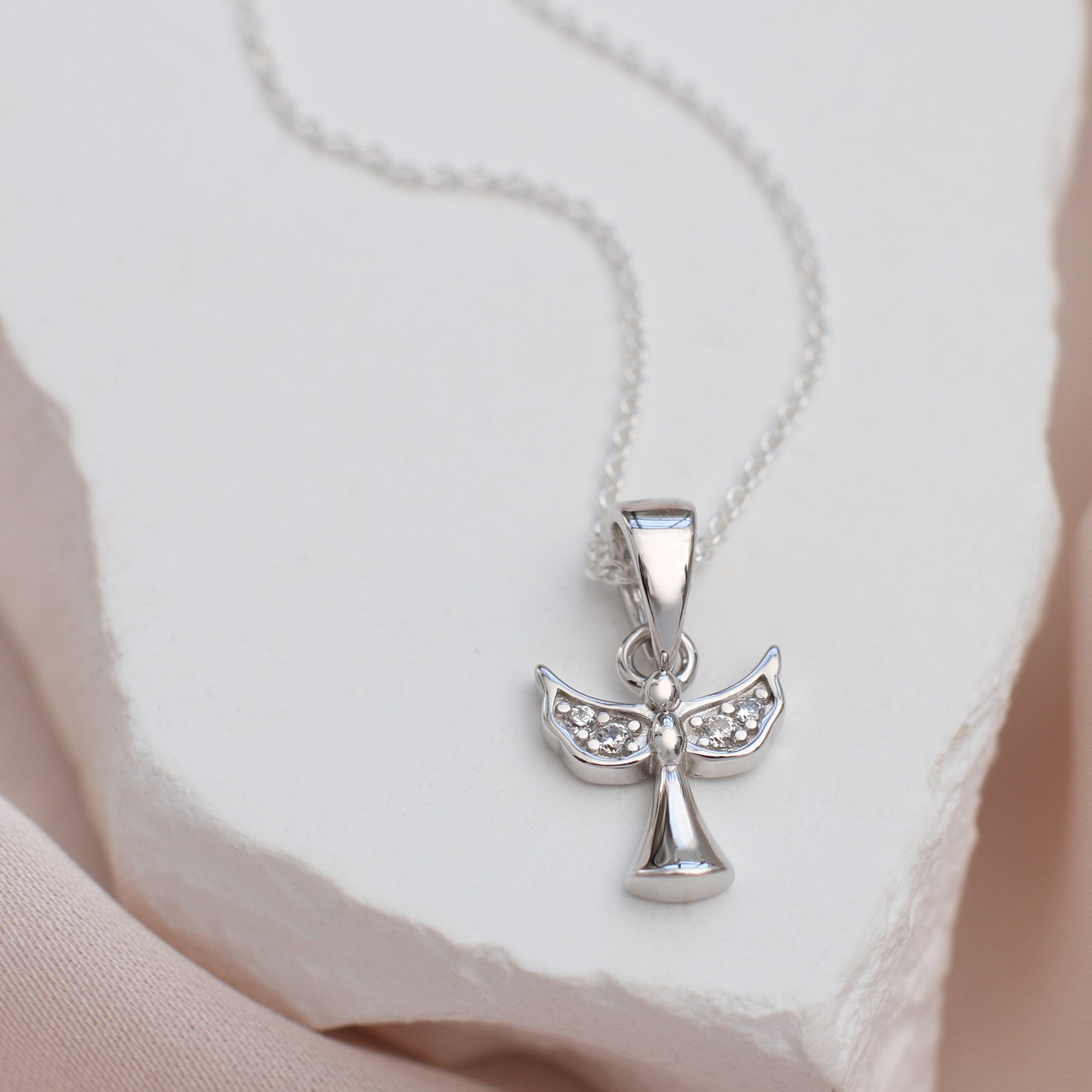 Personalised Silver Cubic Zirconia Angel Charm Necklace