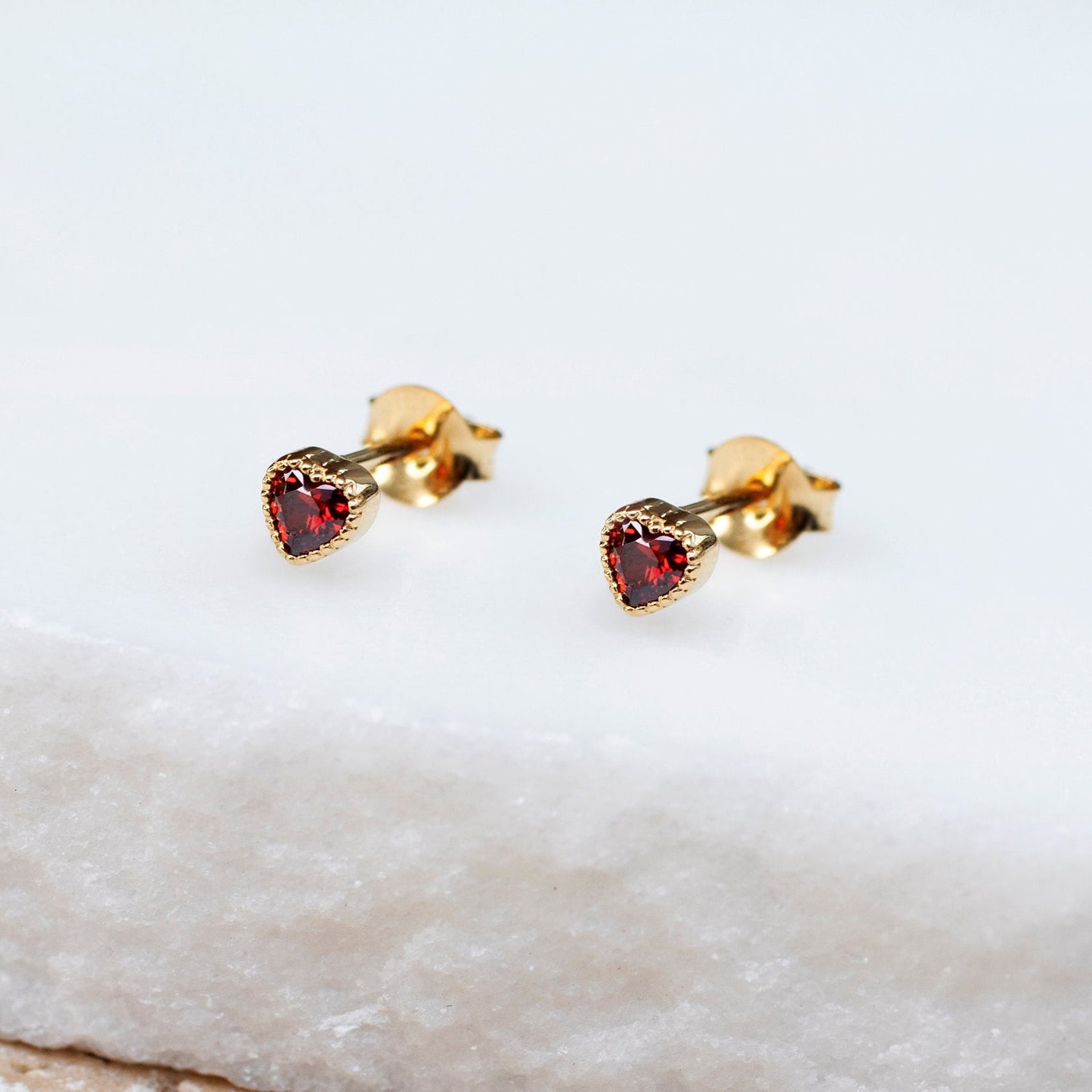 Sterling Silver or 18ct Gold Plated Mini Red Cz Heart Stud Earrings