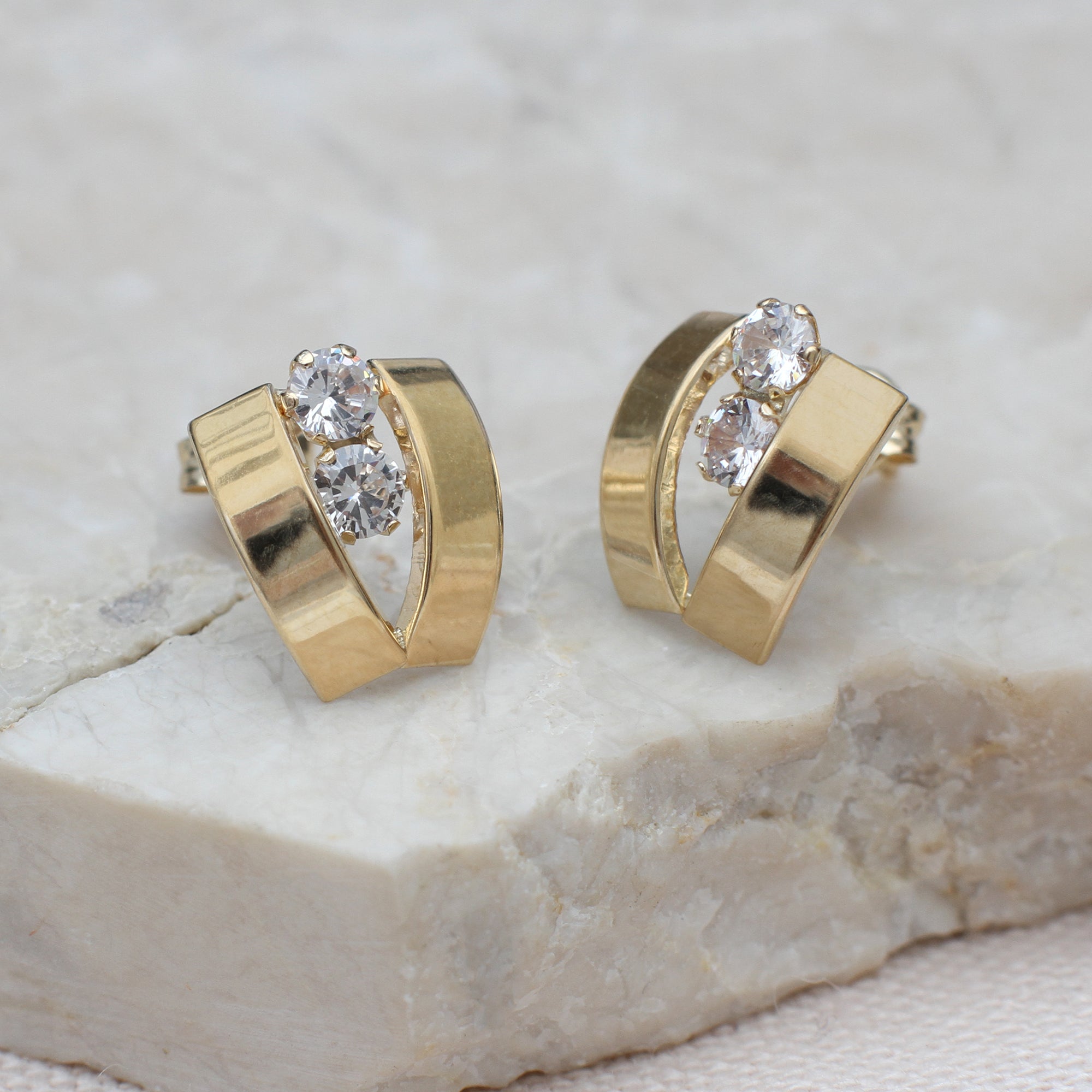 9ct Yellow Gold Cz Double Band Stud Earrings