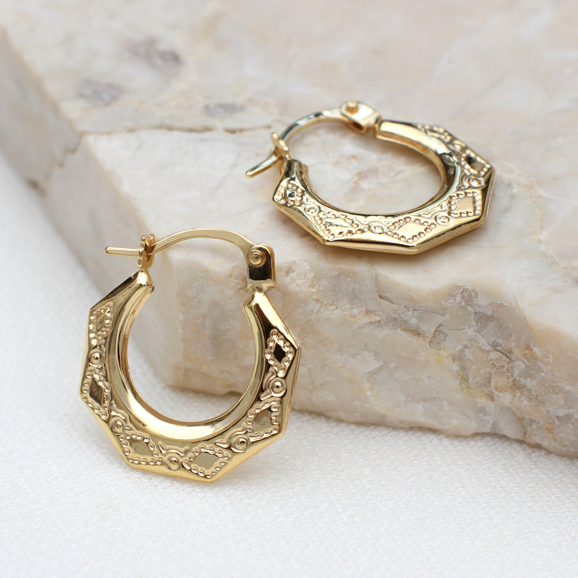 9ct Yellow Gold Patterned Mini Hoop Earrings