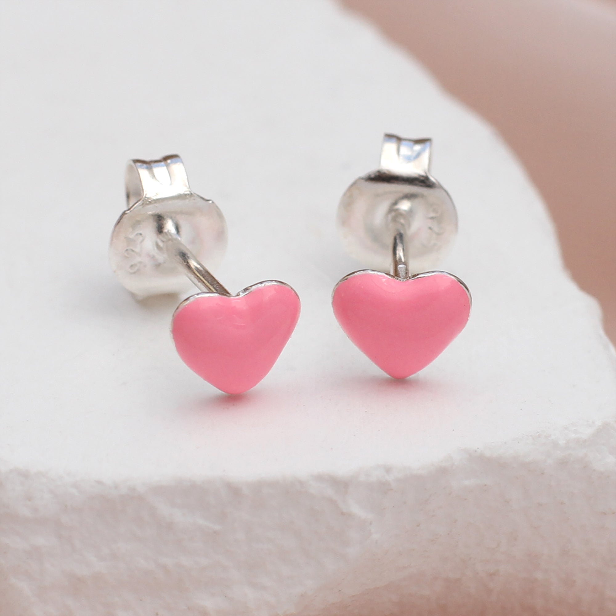 Sterling Silver Red And Pink Enamel Heart Stud Earrings