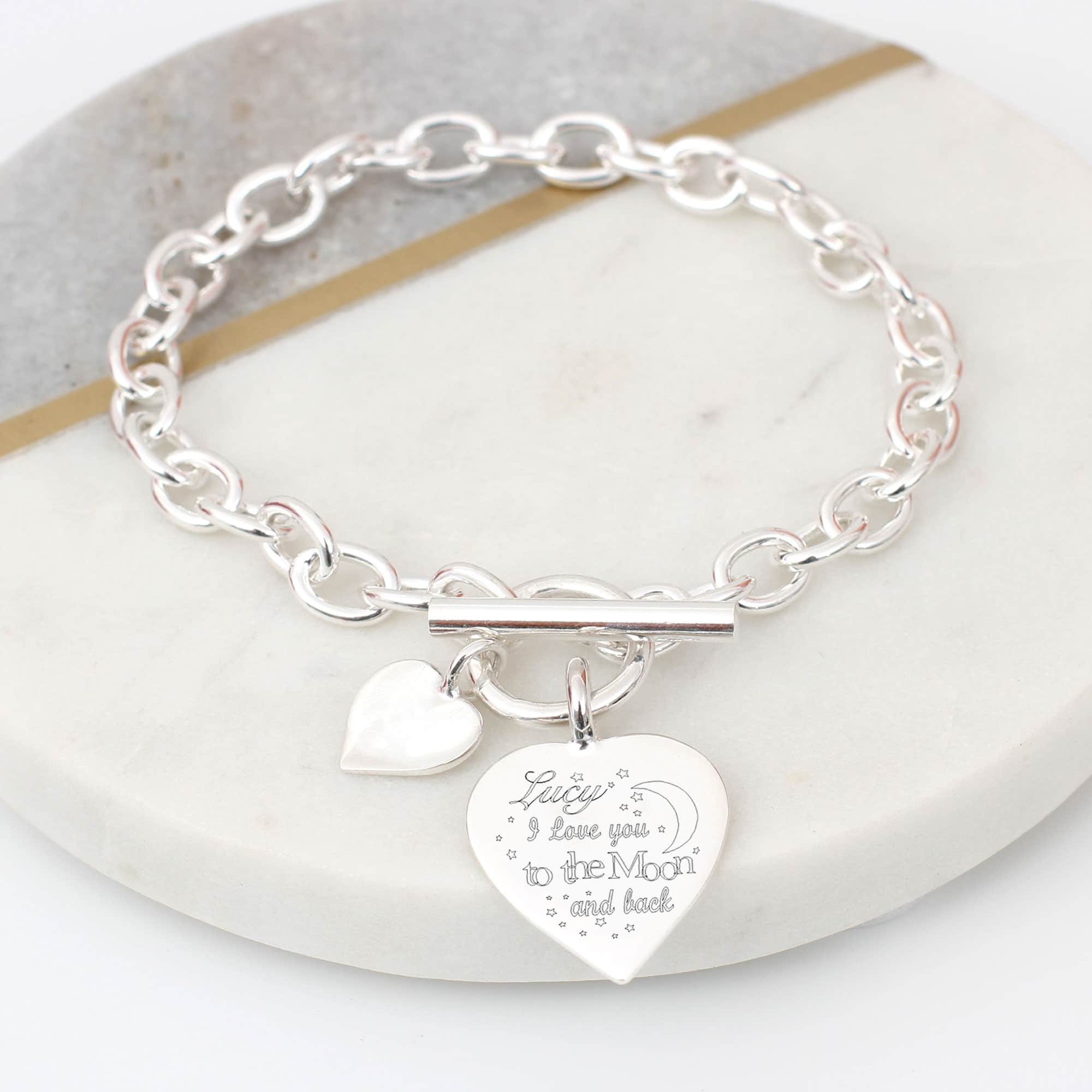 'Love You To The Moon And Back' Silver T Bar Bracelet