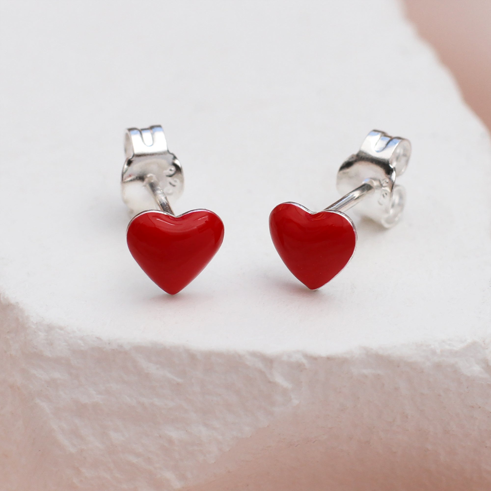 Sterling Silver Red And Pink Enamel Heart Stud Earrings