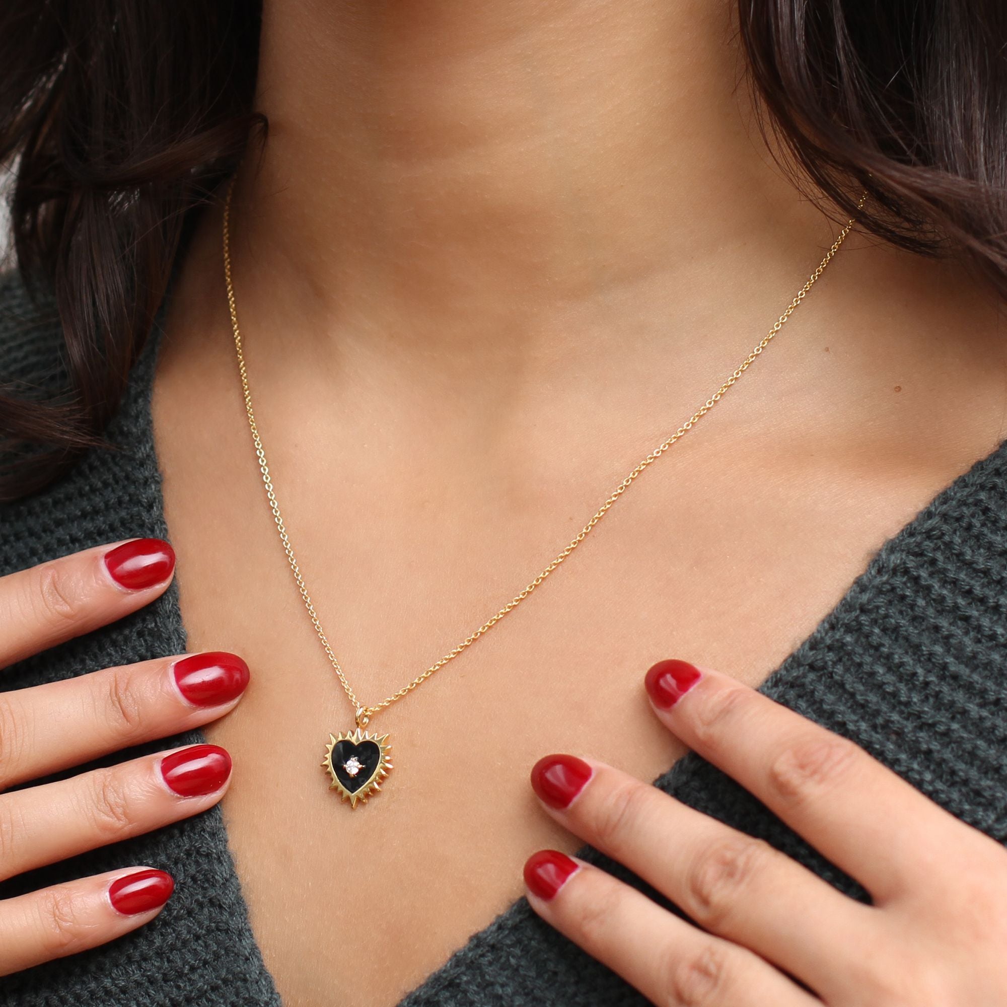 Personalised Gold & Black Enamel Sacred Heart Necklace