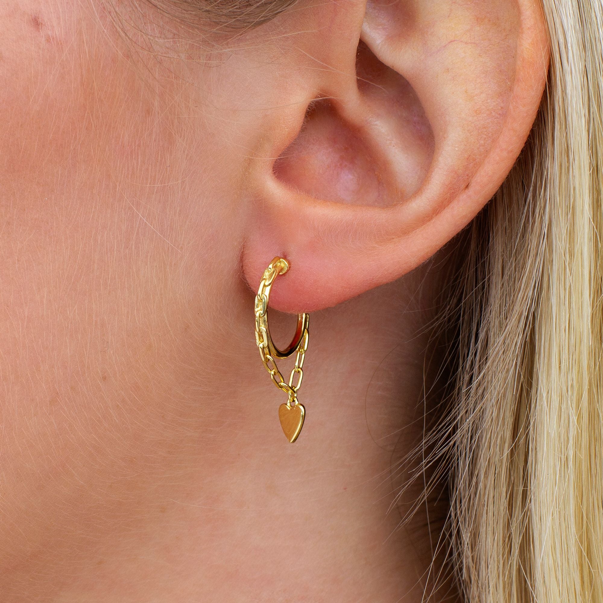 18ct Gold Plated Hoop With Heart Charm Chain Earrings