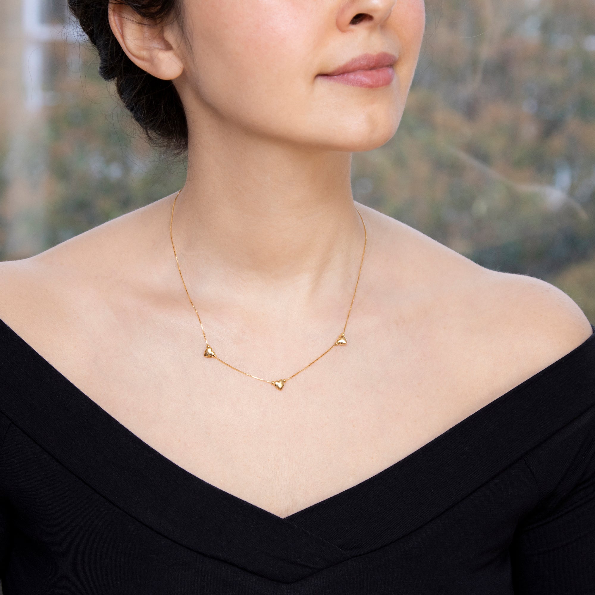 9ct Yellow Gold 3-Heart Charm Box Chain Necklace
