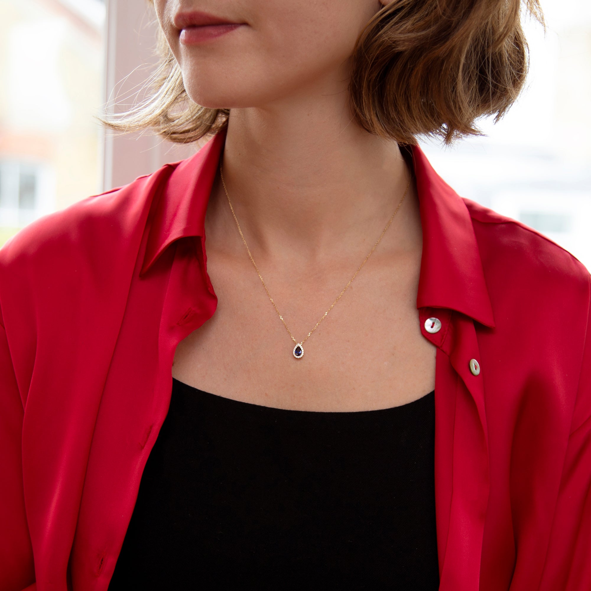 9ct Yellow Gold Blue Pear Shape Cz Halo Necklace