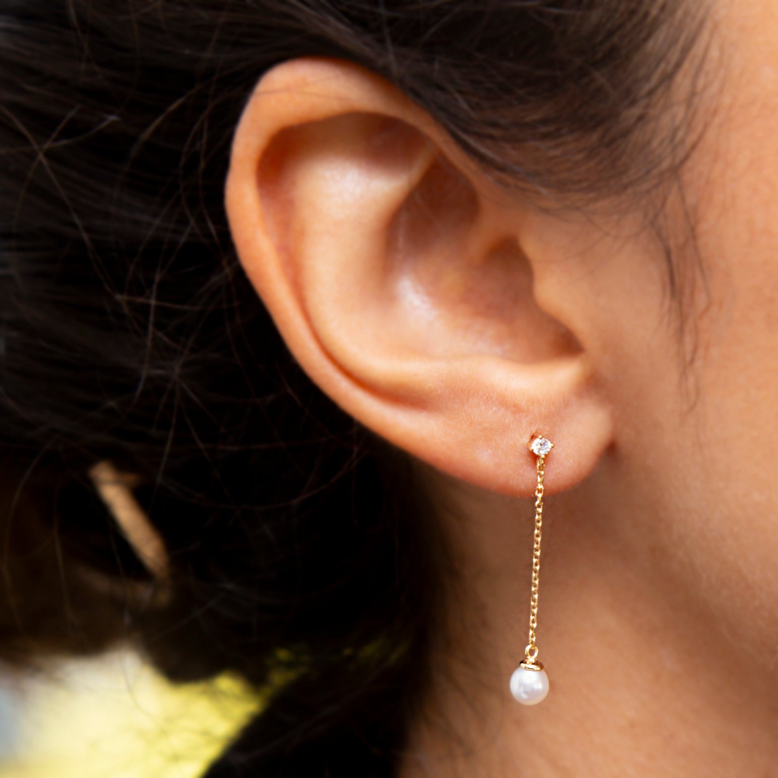 9ct Yellow Gold Cz & Pearl Chain Drop Stud Earrings