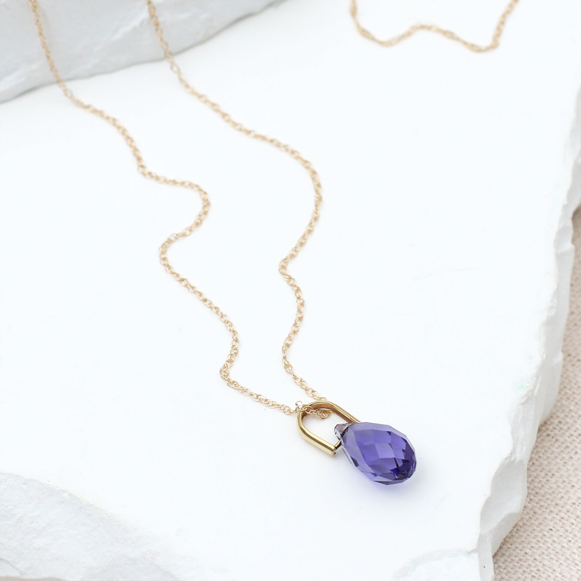 9ct Yellow Gold Purple Swarovski Crystal Teardrop Necklace