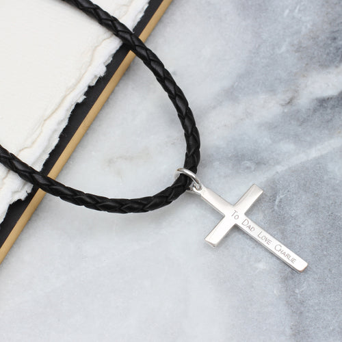 Personalised Sterling Silver Cross & Leather Necklet
